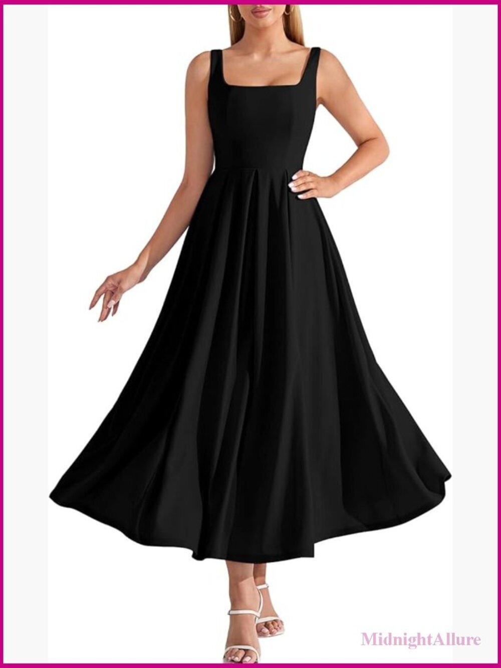 Square Neck Midi A-Line Flowy Formal Dress Sleeveless Zipper Back